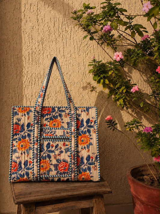 Hand Block Printed Quilted Tote Bag – Indigo Marigold | Gulpankh Canada