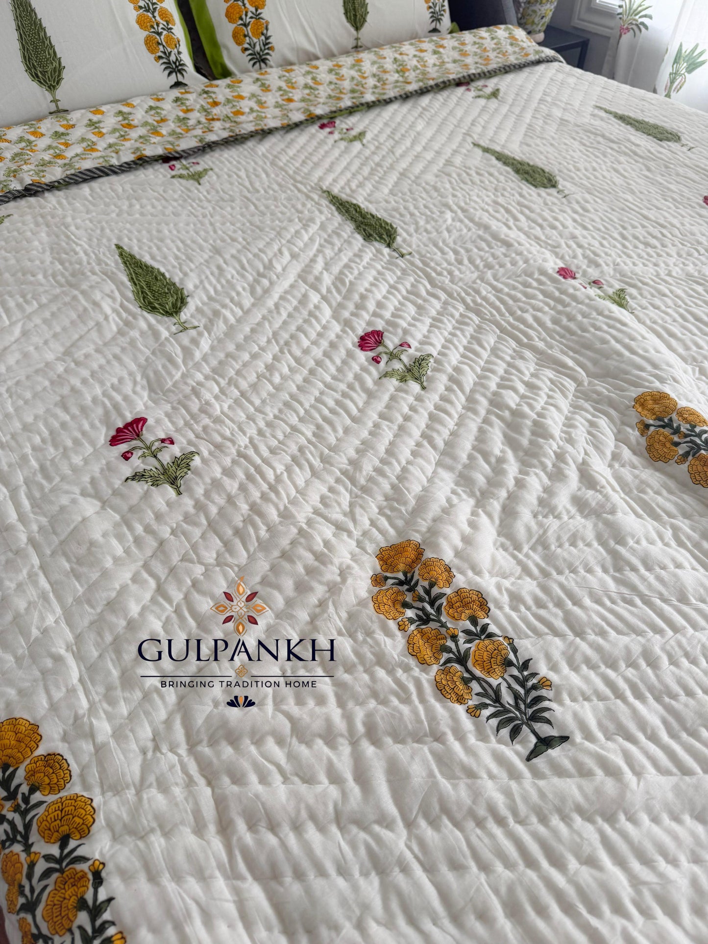 Marigold Garden Hand Block Printed Cotton Quilt | Gulpankh Canada