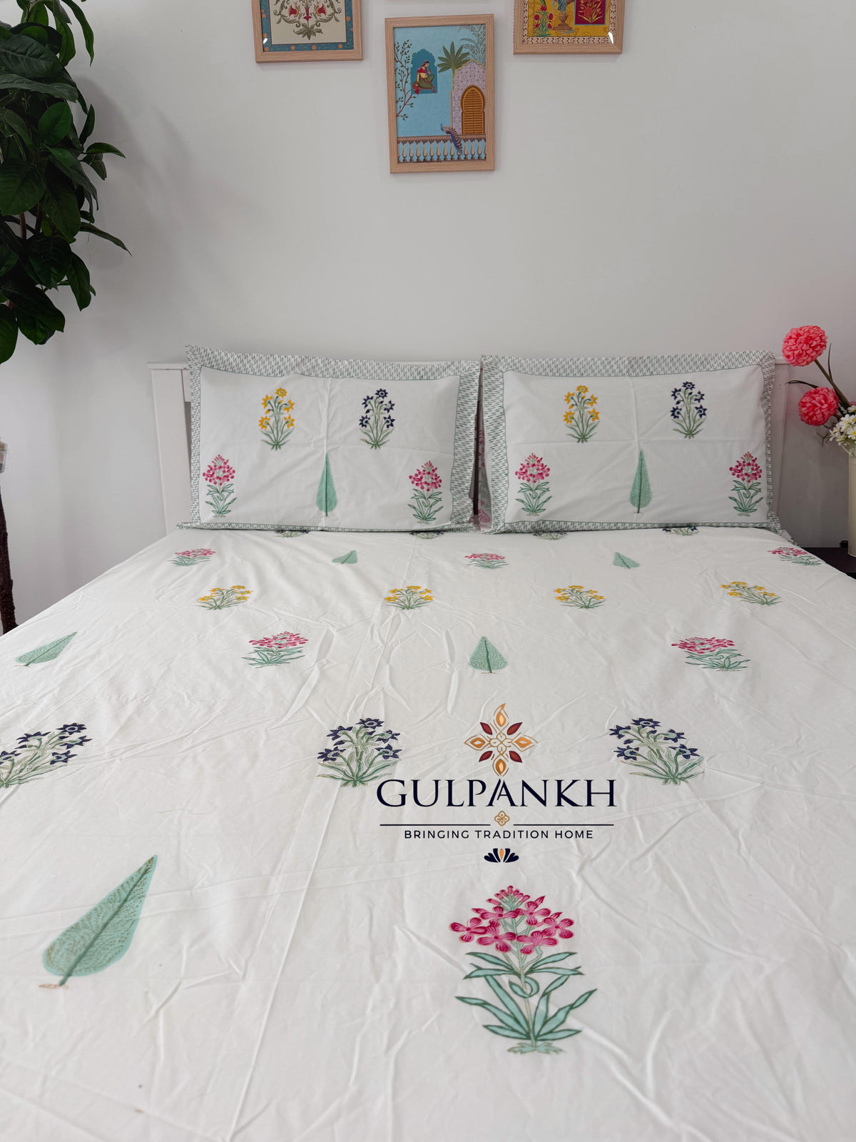 Hand Block Printed 100% Cotton Queen Fitted Bedsheet – Multicolor Botanical Garden | Gulpankh Canada