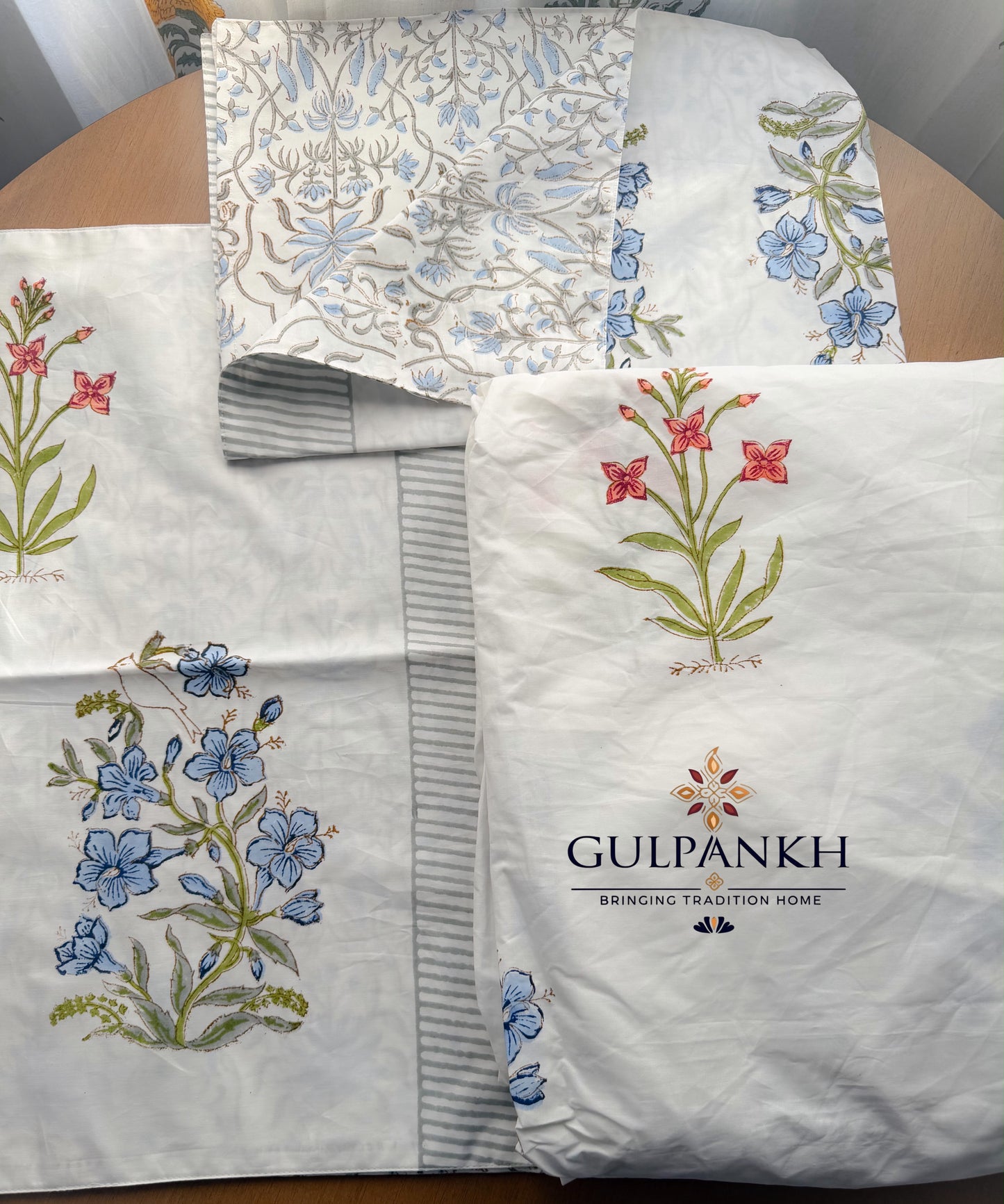 Hand Block Printed King Fitted Bedsheet - Neel Gulabi Botanica | Gulpankh Canada