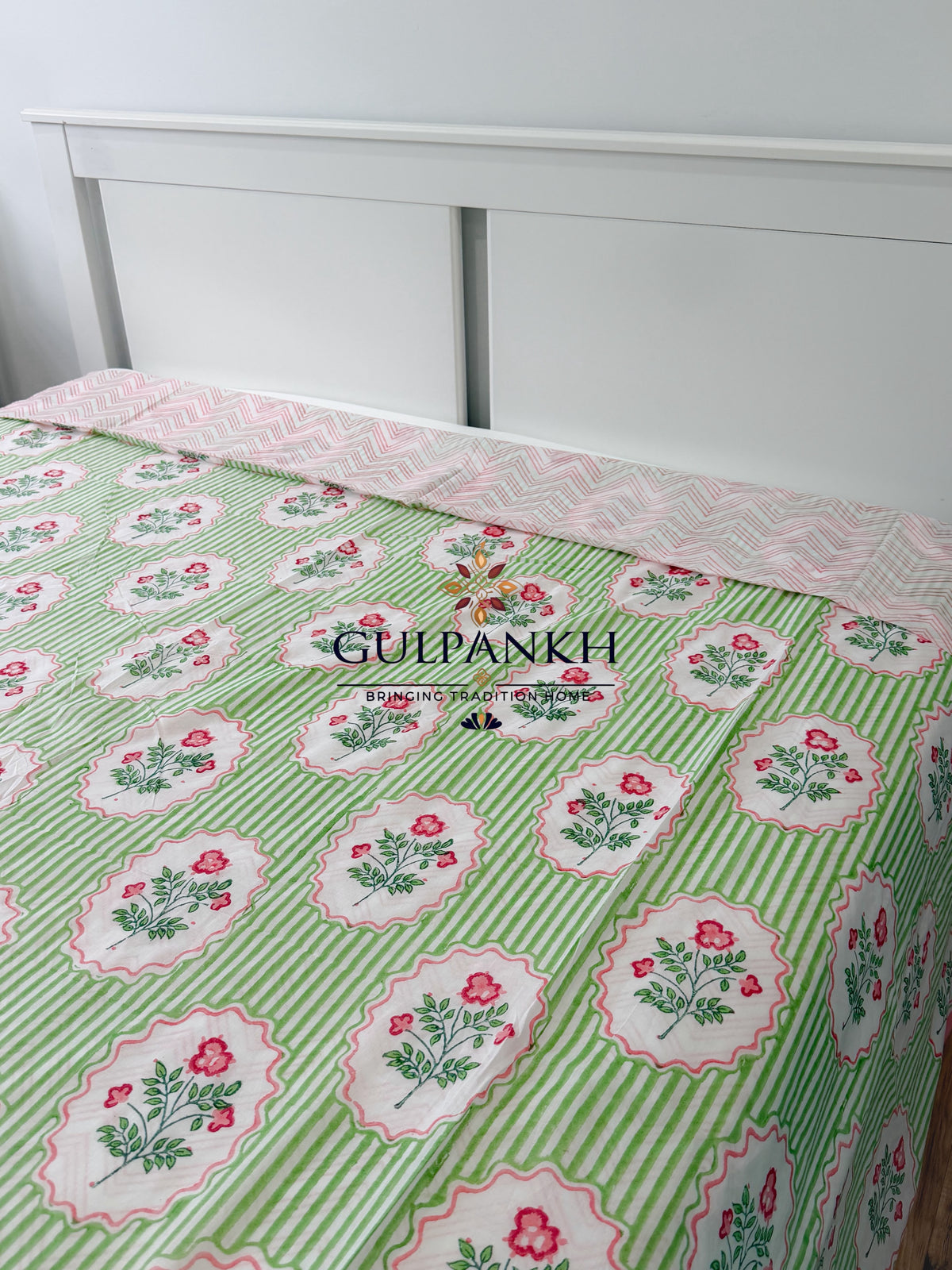 Hand Block Printed 100% Mulmul Cotton Queen Duvet Cover – Blush Meadow Stripe | Gulpankh Canada