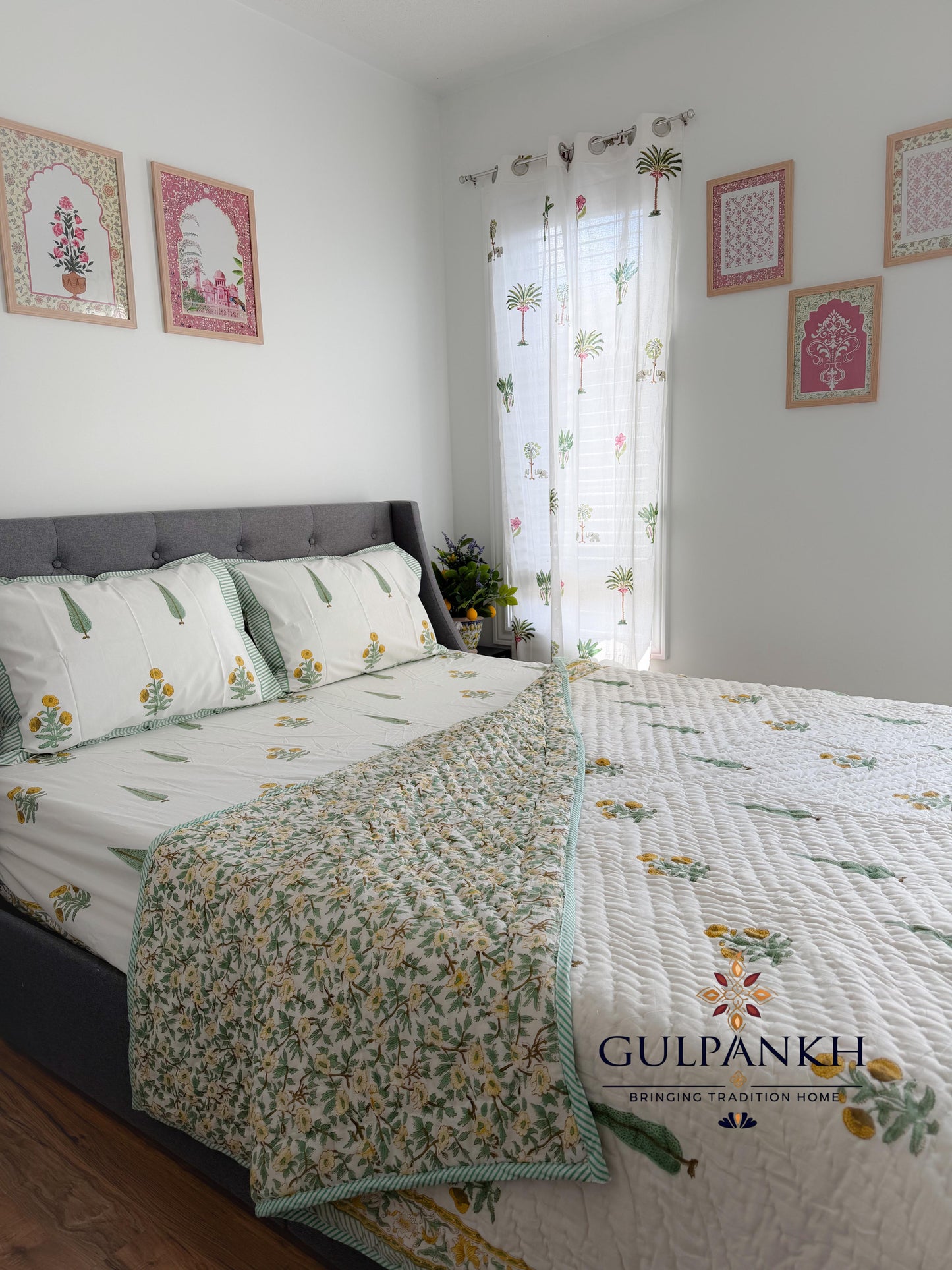 Botanical Meadow Hand Block Printed Cotton Bedding Set with Quilt | Gulpankh Canada