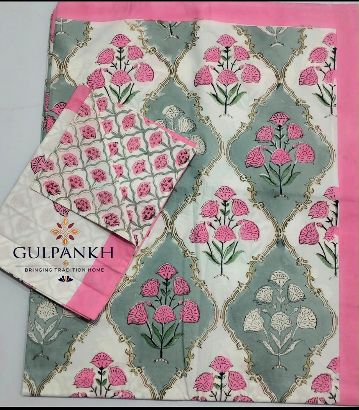Hand Block Printed Queen Fitted Bedsheet - Gulabi Mehr | Gulpankh Canada
