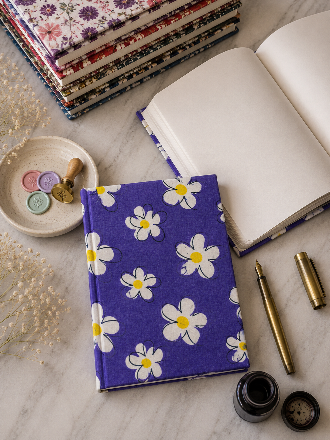 Hand Block Printed Diary – Violet Daisy Bloom  | Gulpankh Canada