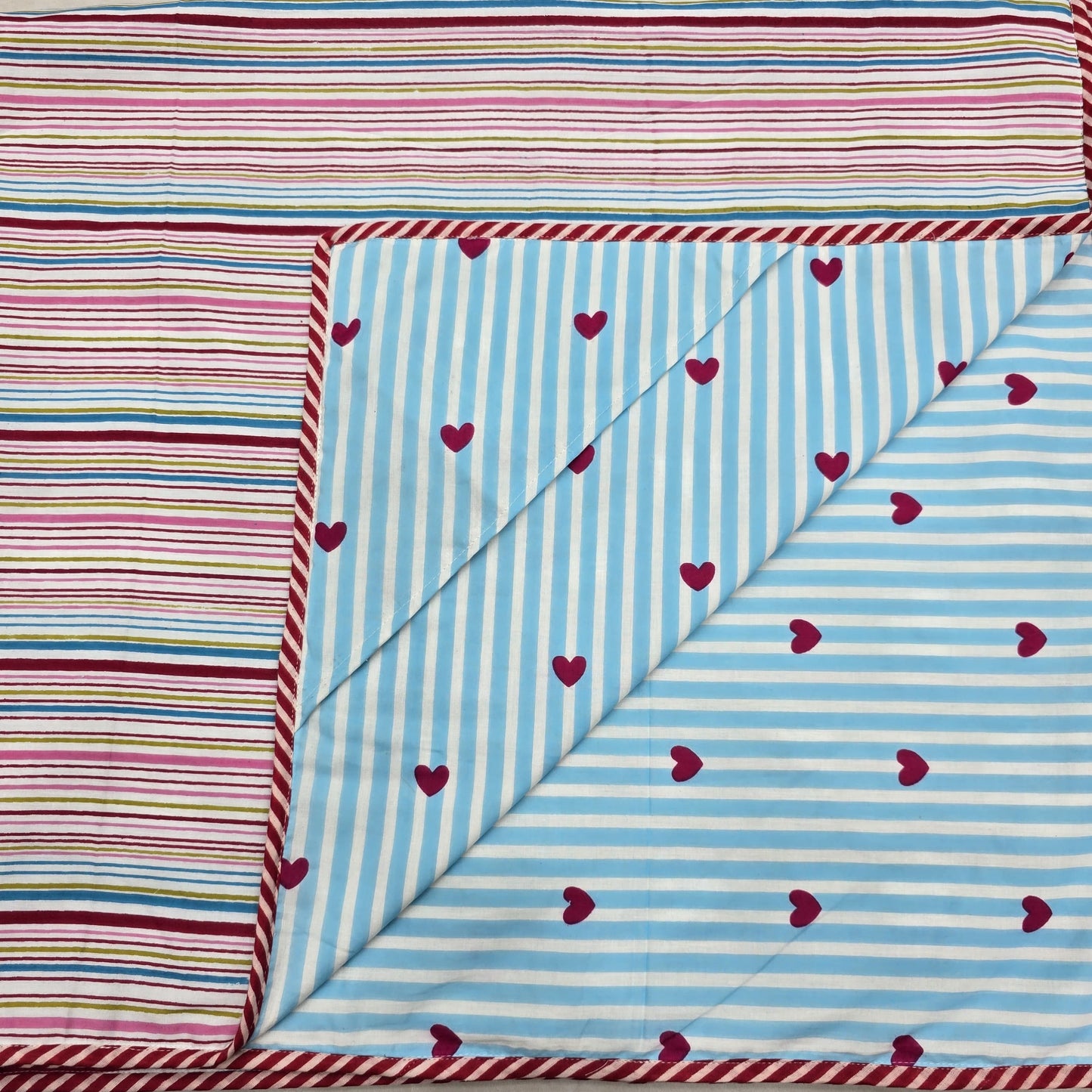 Hand Block Printed Hooded Baby Swaddle Blanket – Sky Heart Stripes | Gulpankh Canada