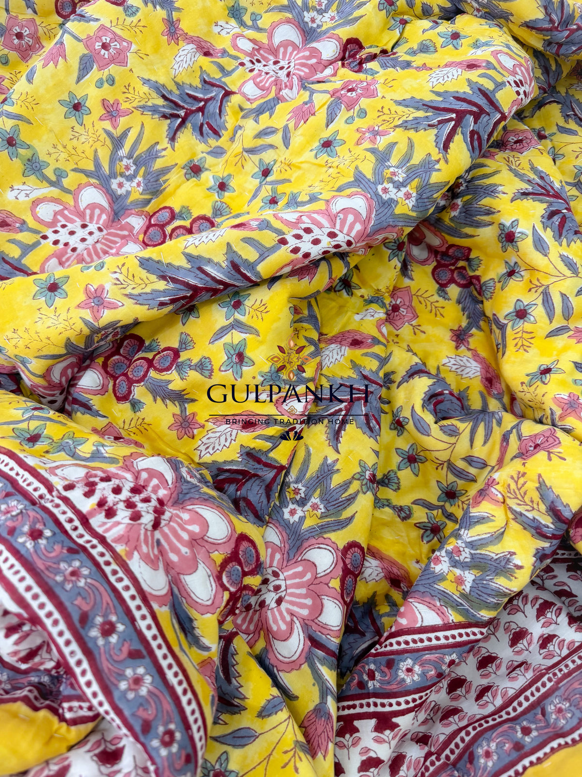 Hand Block Printed Reversible Cotton Quilt - Sunlit Floral Garden | Gulpankh Canada