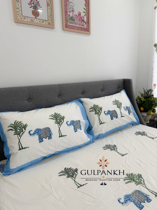 Hand Block Printed King Fitted Bedsheet - Royal Elephant Garden | Gulpankh Canada