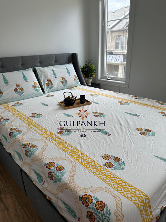 Marigold Courtyard Hand Block Printed Fitted Bedsheet | Gulpankh Canada