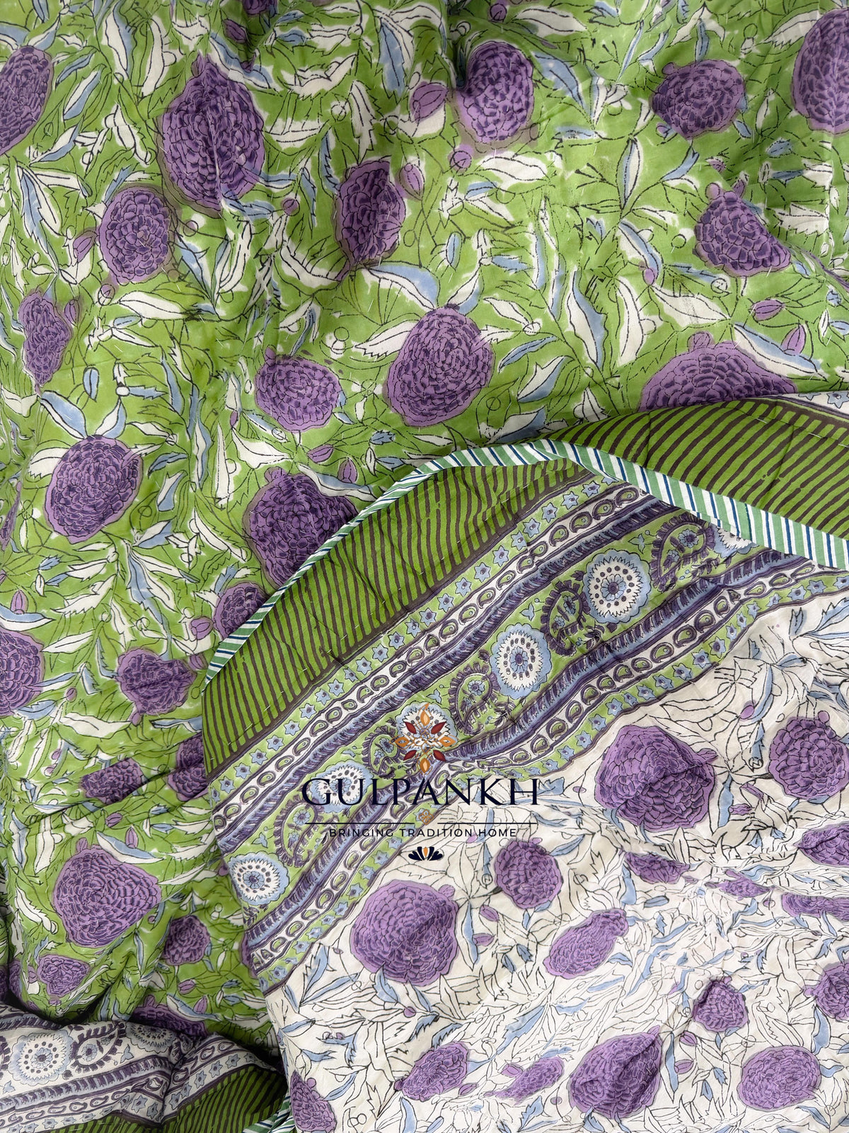 Hand Block Printed Reversible Cotton Quilt - Lavender Garden Bloom | Gulpankh Canada