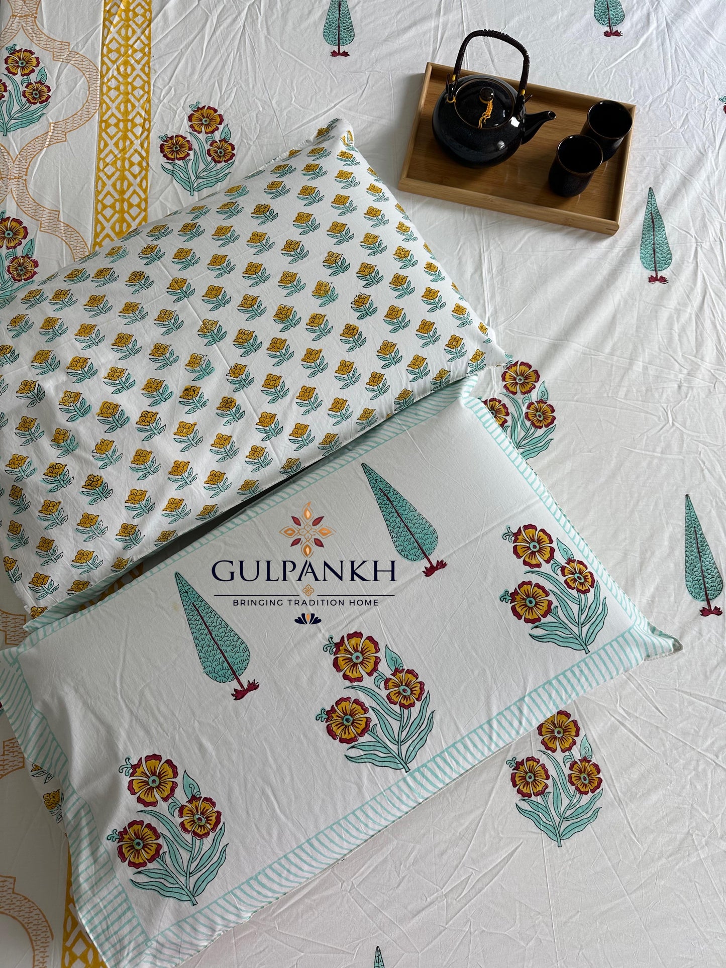 Marigold Courtyard Hand Block Printed Fitted Bedsheet | Gulpankh Canada