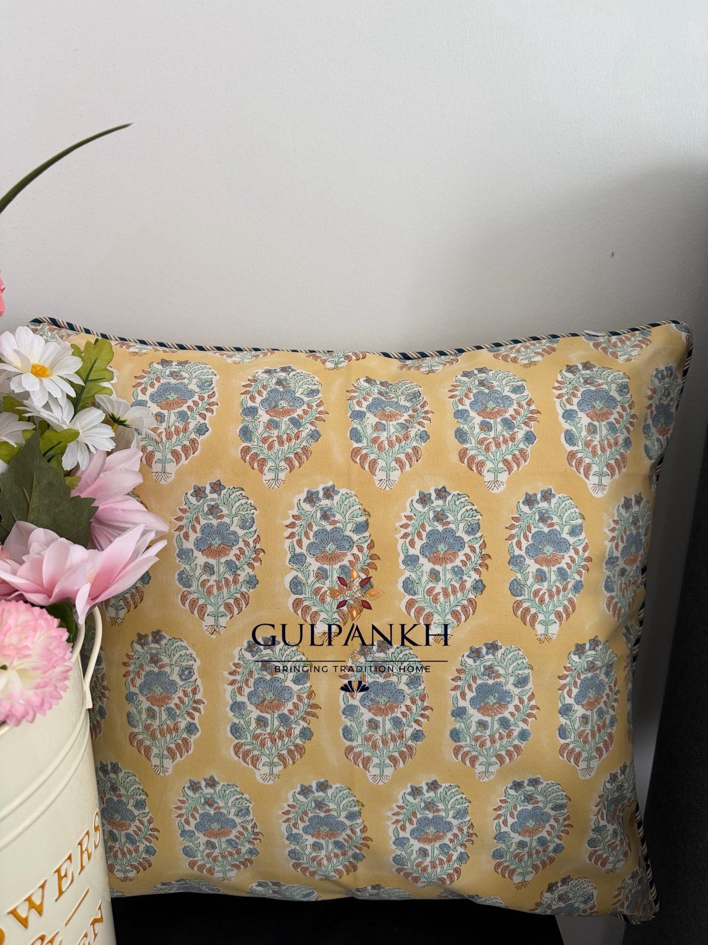 Mustard Heritage Set of Two Hand Block Printed Cushion Covers | Gulpankh Canada