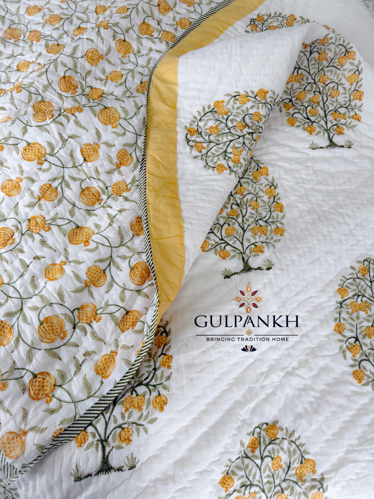 Hand Block Printed Reversible Cotton Quilt - Golden Pomegranate | Gulpankh Canada