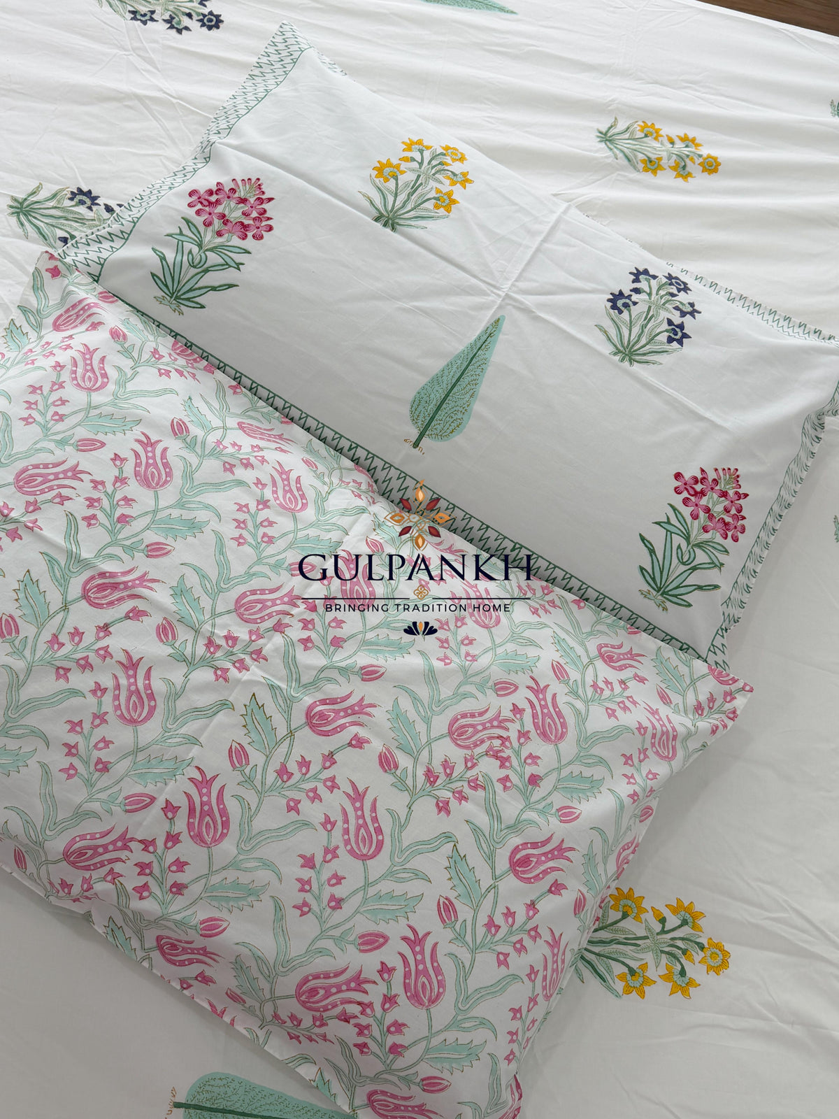Hand Block Printed 100% Cotton Queen Fitted Bedsheet – Multicolor Botanical Garden | Gulpankh Canada