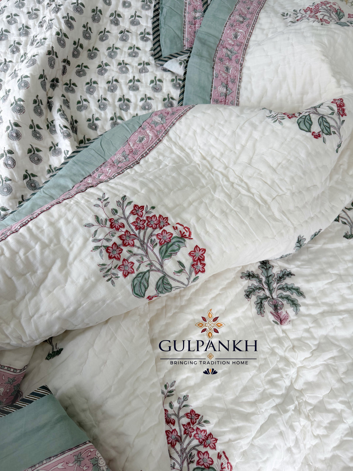 Hand Block Printed Reversible Cotton Quilt - Rose Sage Garden | Gulpankh Canada
