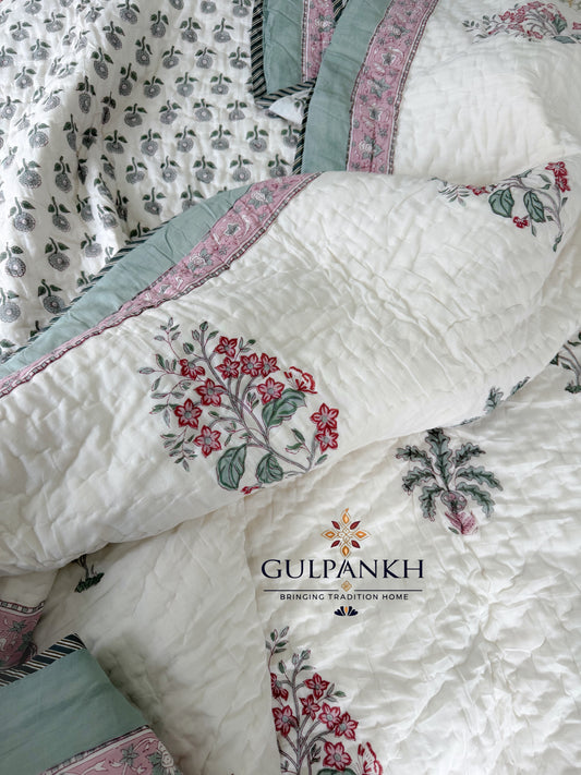 Hand Block Printed Reversible Cotton Quilt - Rose Sage Garden | Gulpankh Canada