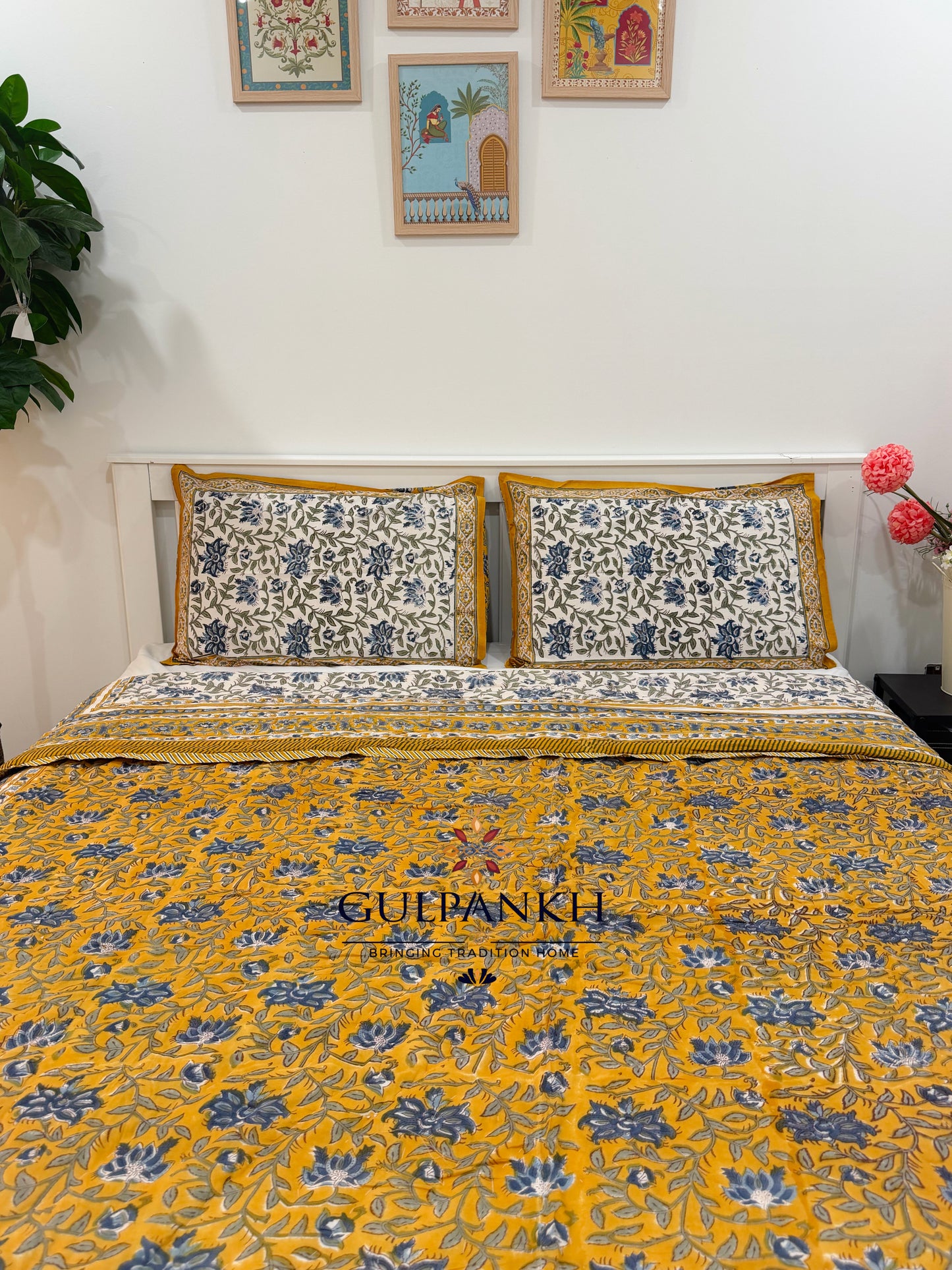 Reversible Hand Block Printed Cotton Quilt - Neel Mustard Gulzar | Gulpankh Canada