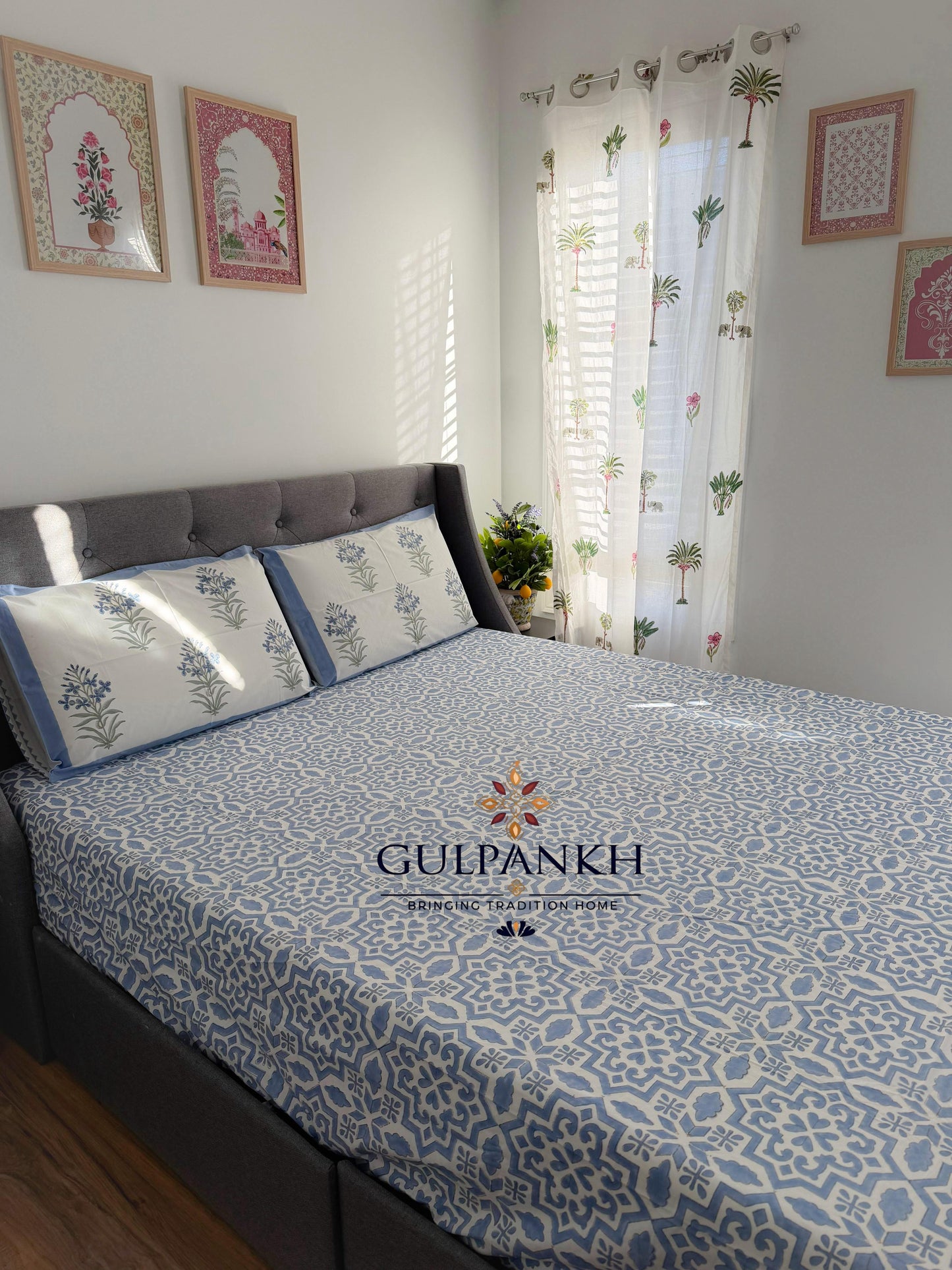 Hand Block Printed Queen Fitted Bedsheet - Neel Jaali Trellis | Gulpankh Canada