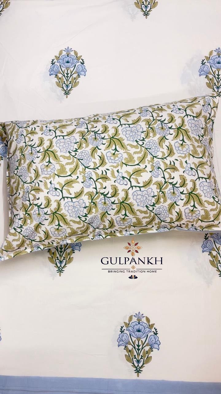 Hand Block Printed Queen Fitted Bedsheet - Blue Blossom Buta | Gulpankh Canada