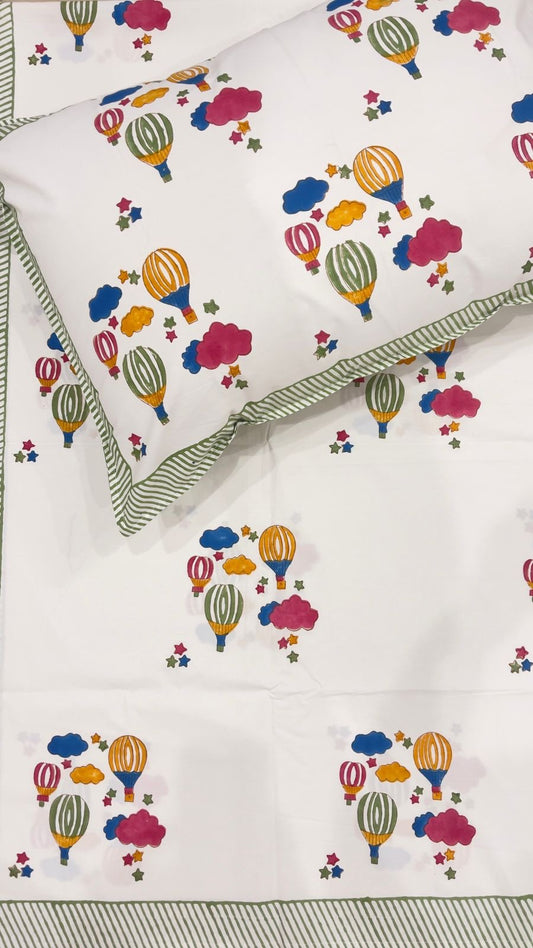 Hand Block Printed Queen Fitted Bedsheet - Sky Balloon | Gulpankh Canada