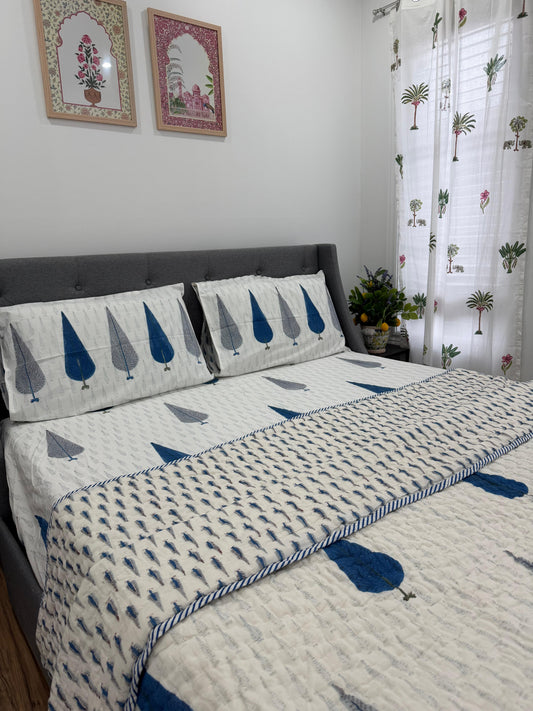 Hand Block Printed Cotton Bedding Set with Quilt - Indigo Leaf | Gulpankh Canada