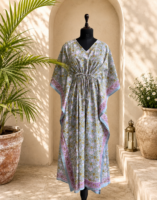 Hand Block Printed Cotton Kaftan – Misty Lotus Gulzar | Gulpankh Canada