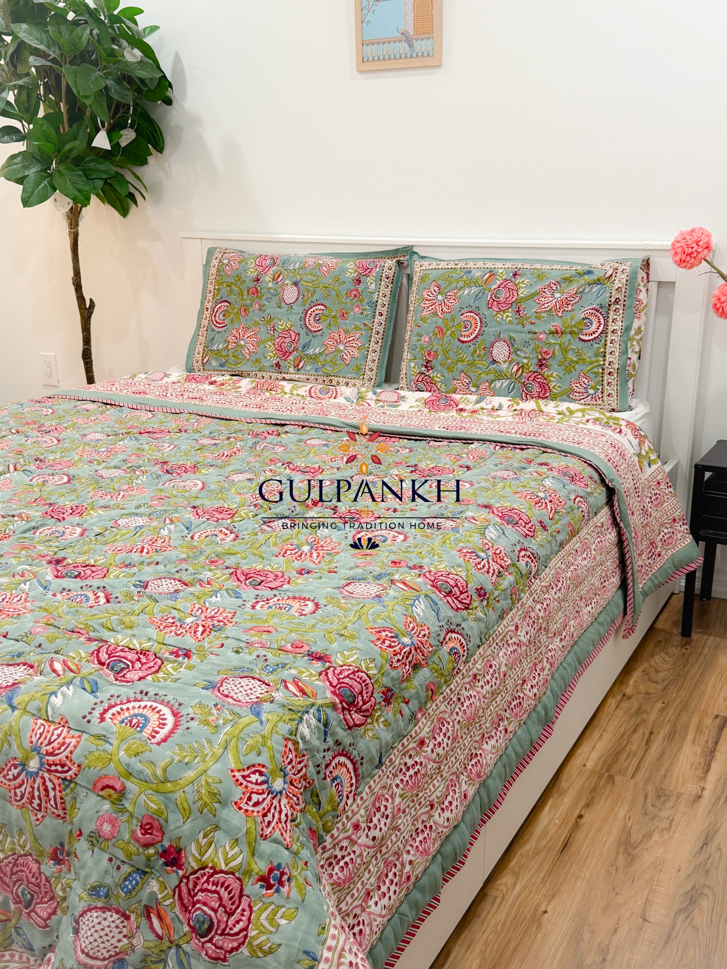 Reversible Hand Block Printed Cotton Quilt - Gulnaar Sage Garden | Gulpankh Canada