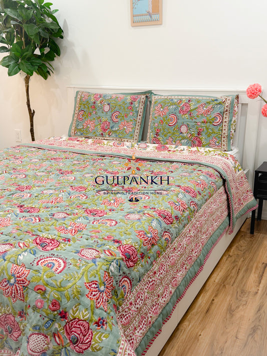 Reversible Hand Block Printed Cotton Quilt - Gulnaar Sage Garden | Gulpankh Canada