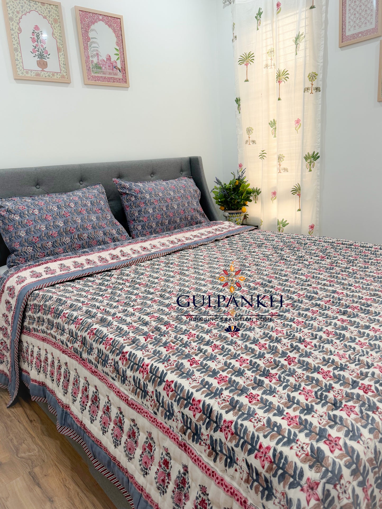 Reversible Hand Block Printed Cotton Quilt - Noor-e-Shaam | Gulpankh Canada