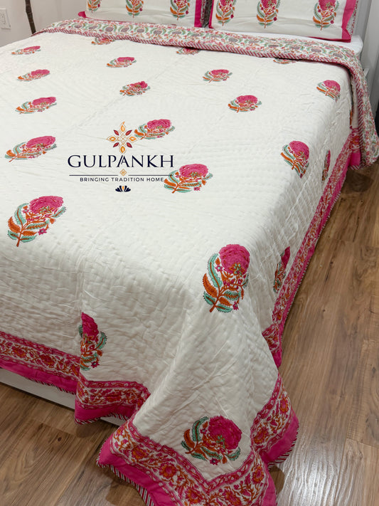 Reversible Hand Block Printed Cotton Quilt - Gulabi Noor | Gulpankh Canada