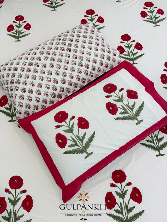 Hand Block Printed King Fitted Bedsheet - Red Poppy Royale | Gulpankh Canada