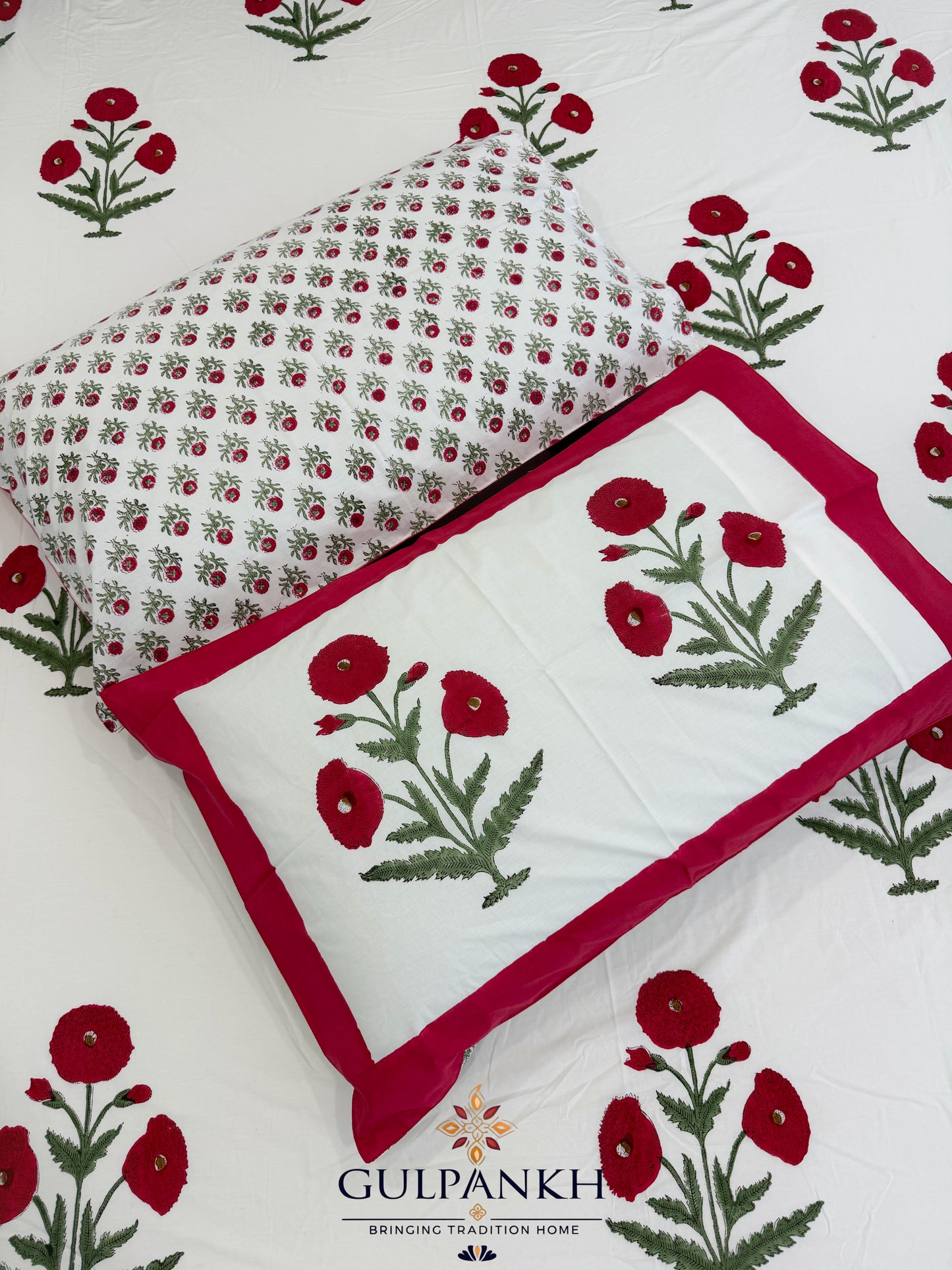 Hand Block Printed Queen Fitted Bedsheet - Red Poppy Royale | Gulpankh Canada