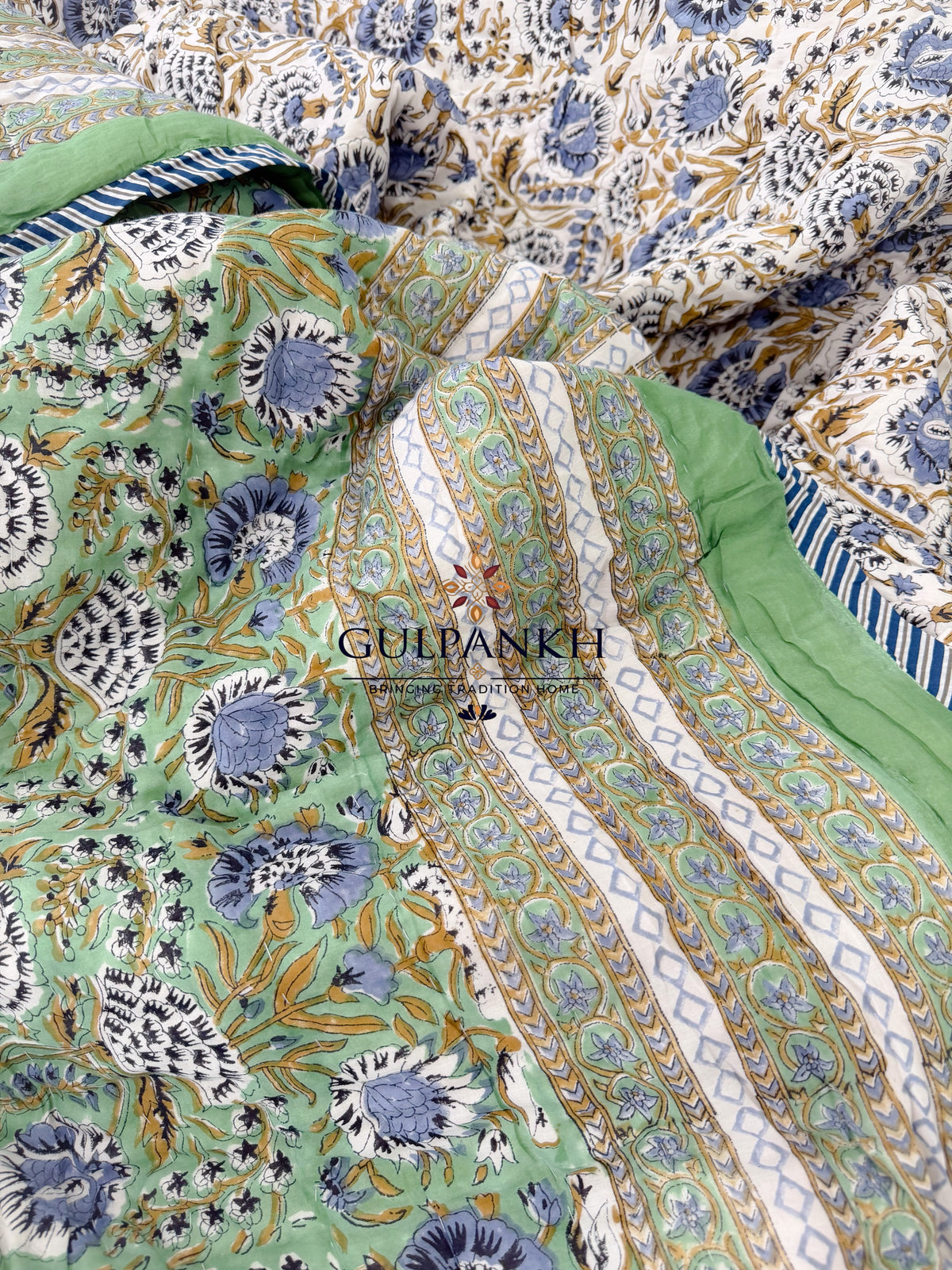 Hand Block Printed Reversible Cotton Quilt - Green Botanical Bloom | Gulpankh Canada