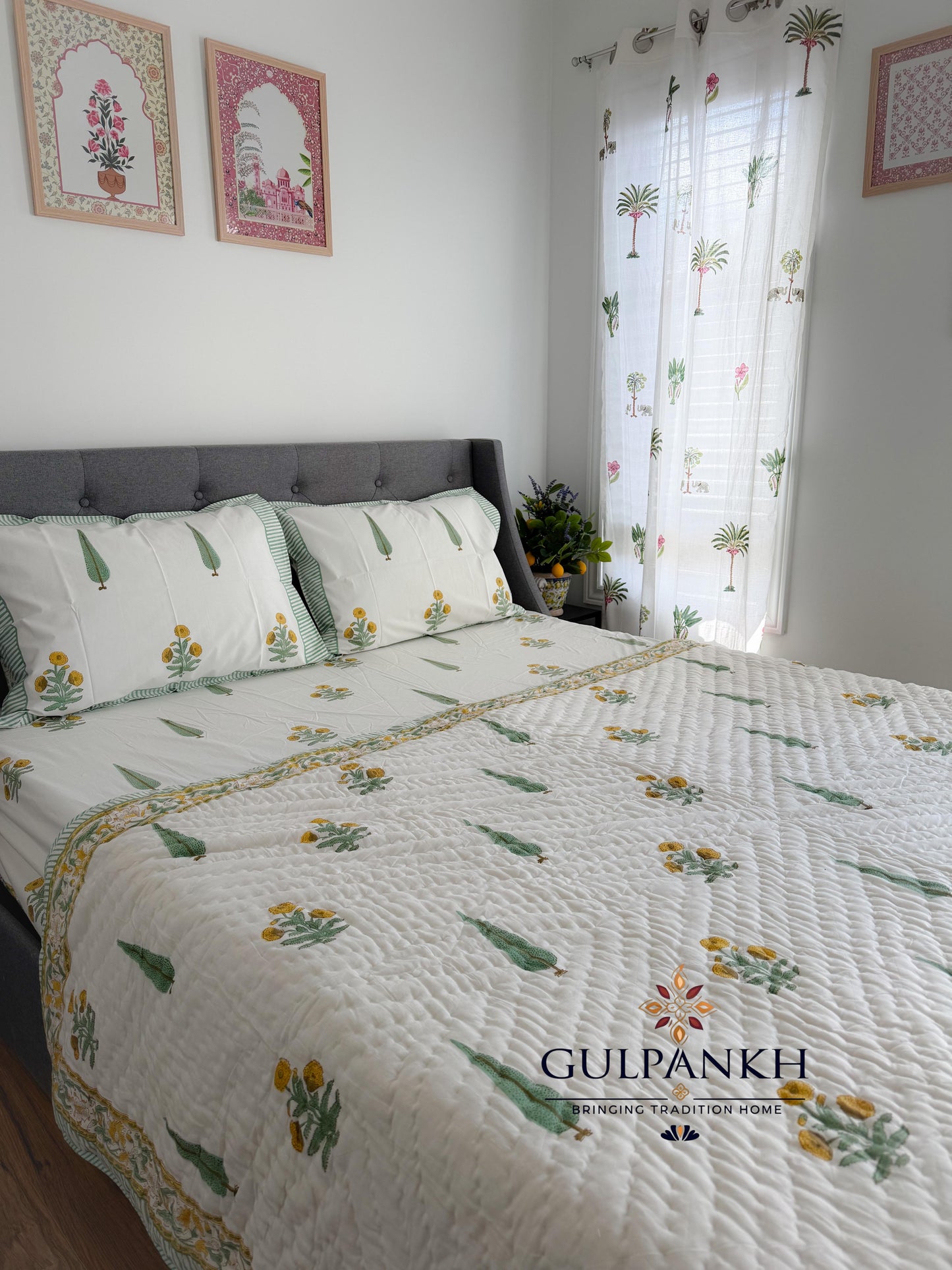 Botanical Meadow Hand Block Printed Cotton Bedding Set with Quilt | Gulpankh Canada