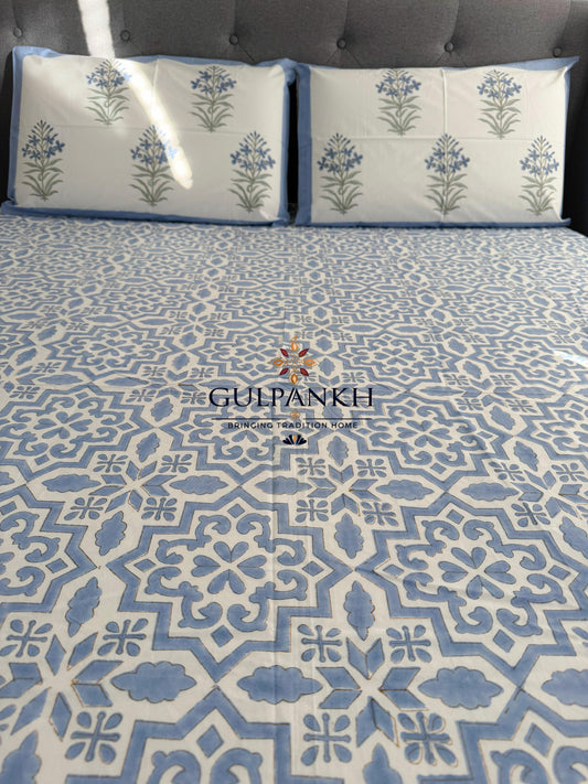 Hand Block Printed Queen Fitted Bedsheet - Neel Jaali Trellis | Gulpankh Canada