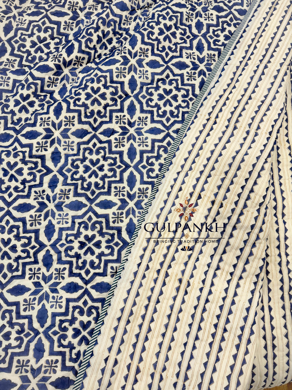 Reversible Hand Block Printed Cotton Quilt - Neel Jharokha | Gulpankh Canada