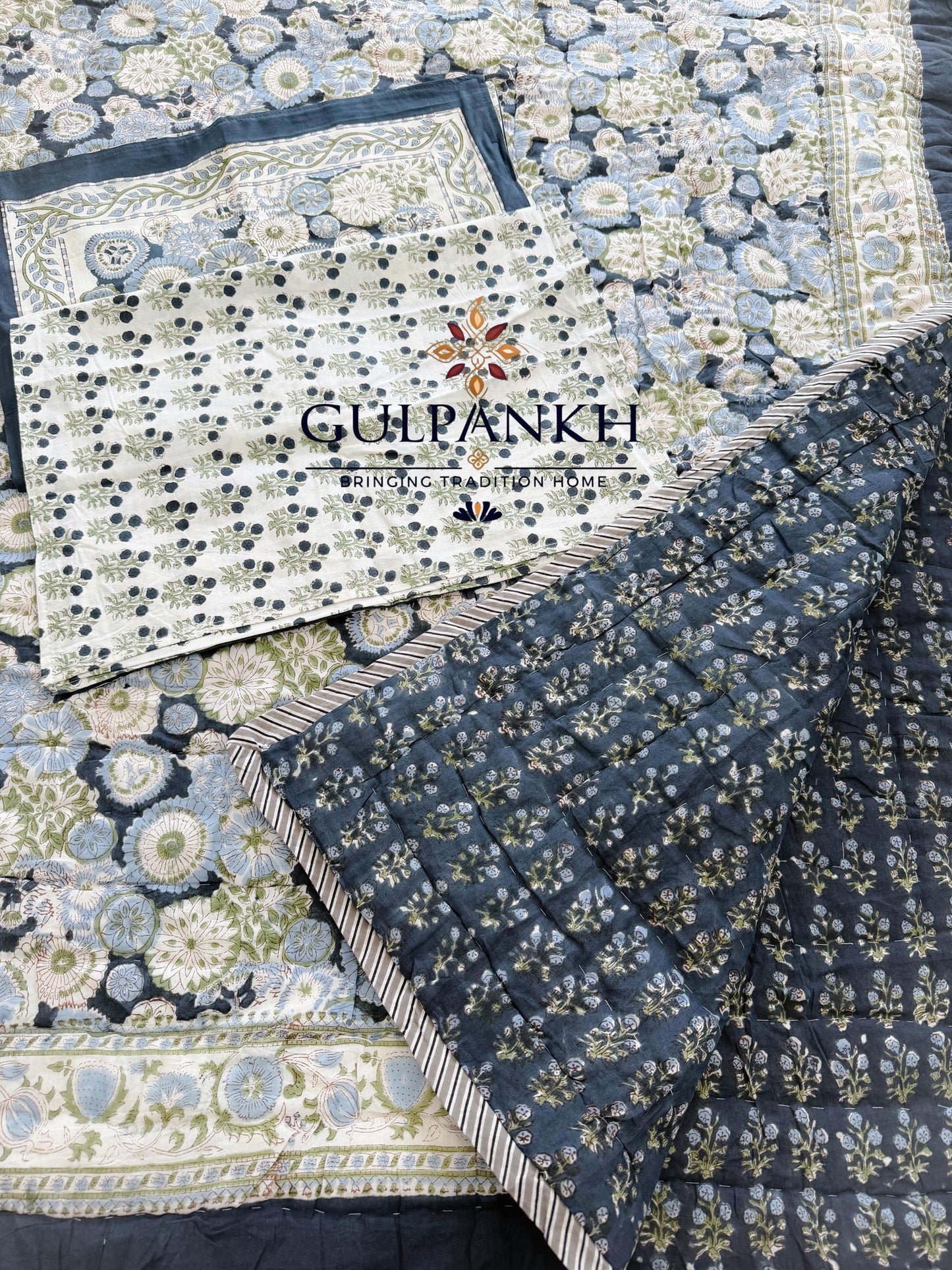 Hand Block Printed Cotton Quilt - Midnight Wildflower Meadow | Gulpankh Canada