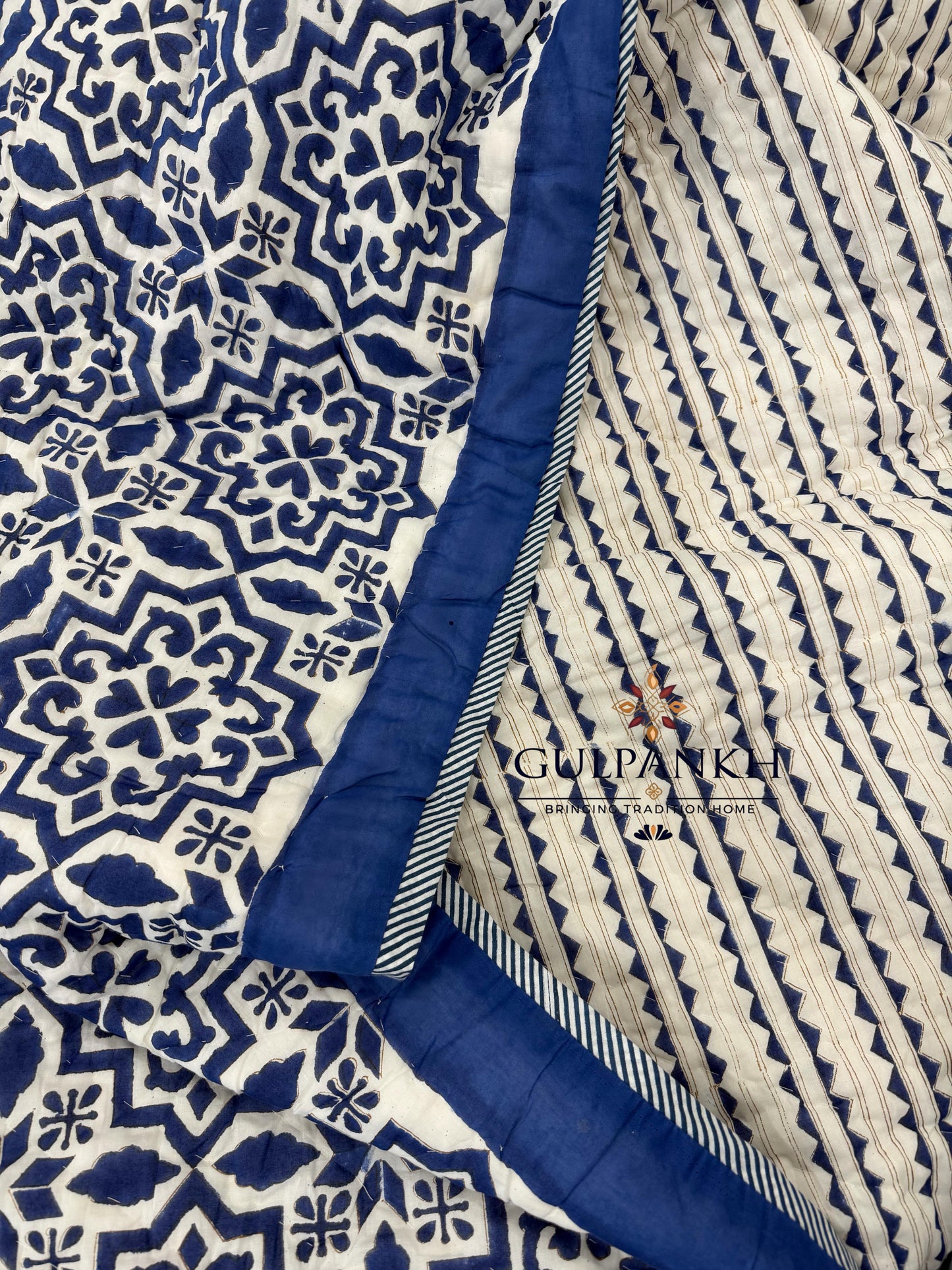 Reversible Hand Block Printed Cotton Quilt - Neel Jharokha | Gulpankh Canada