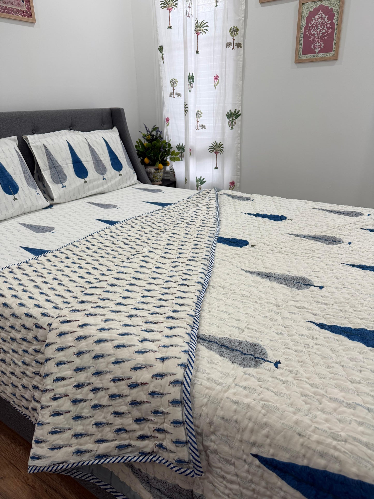 Hand Block Printed Cotton Bedding Set with Quilt - Indigo Leaf | Gulpankh Canada