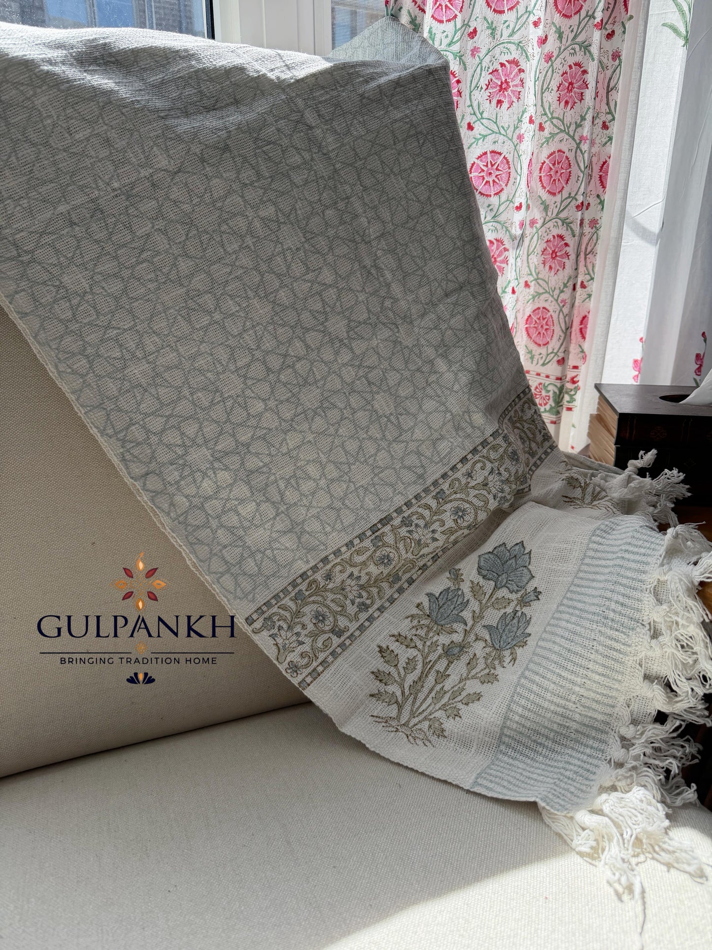 Hand Block Printed TNT Sofa Throw – Mist Loom | Gulpankh Canada