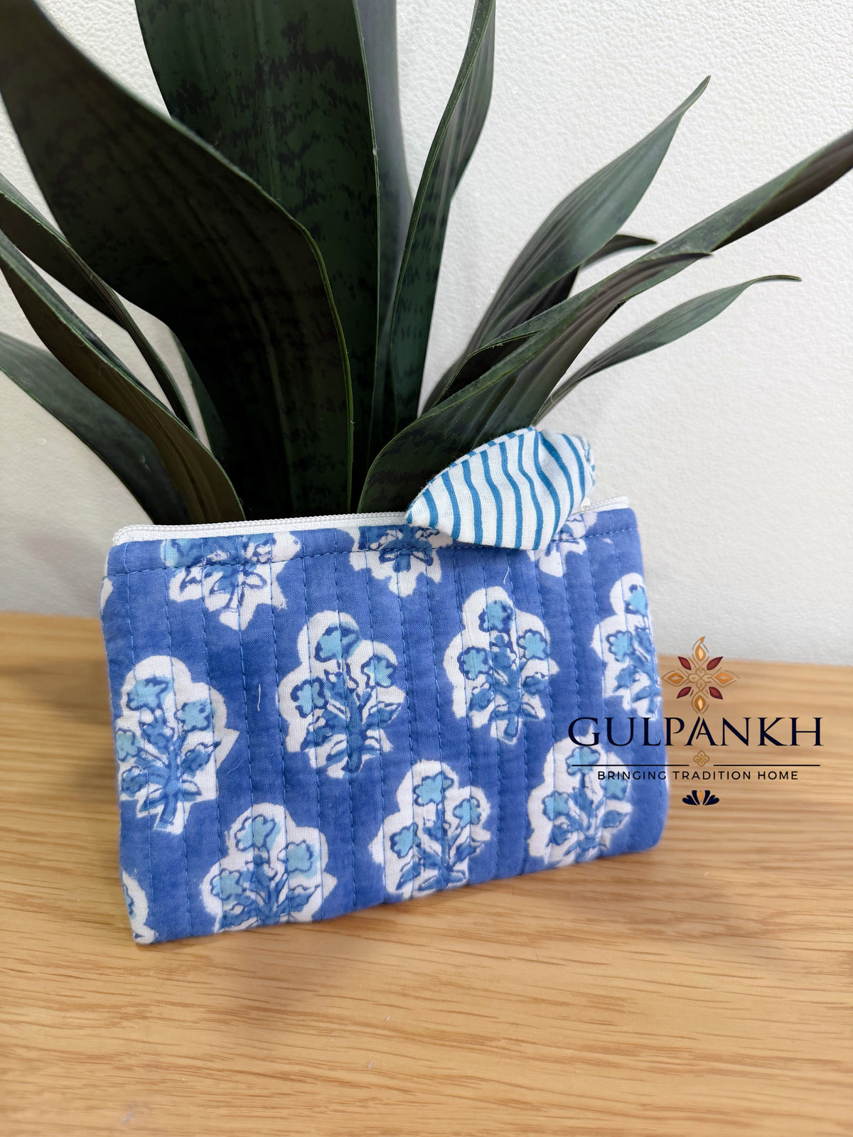 Hand Block Printed Quilted Flat Pouch – Blue Blossom | Gulpankh Canada