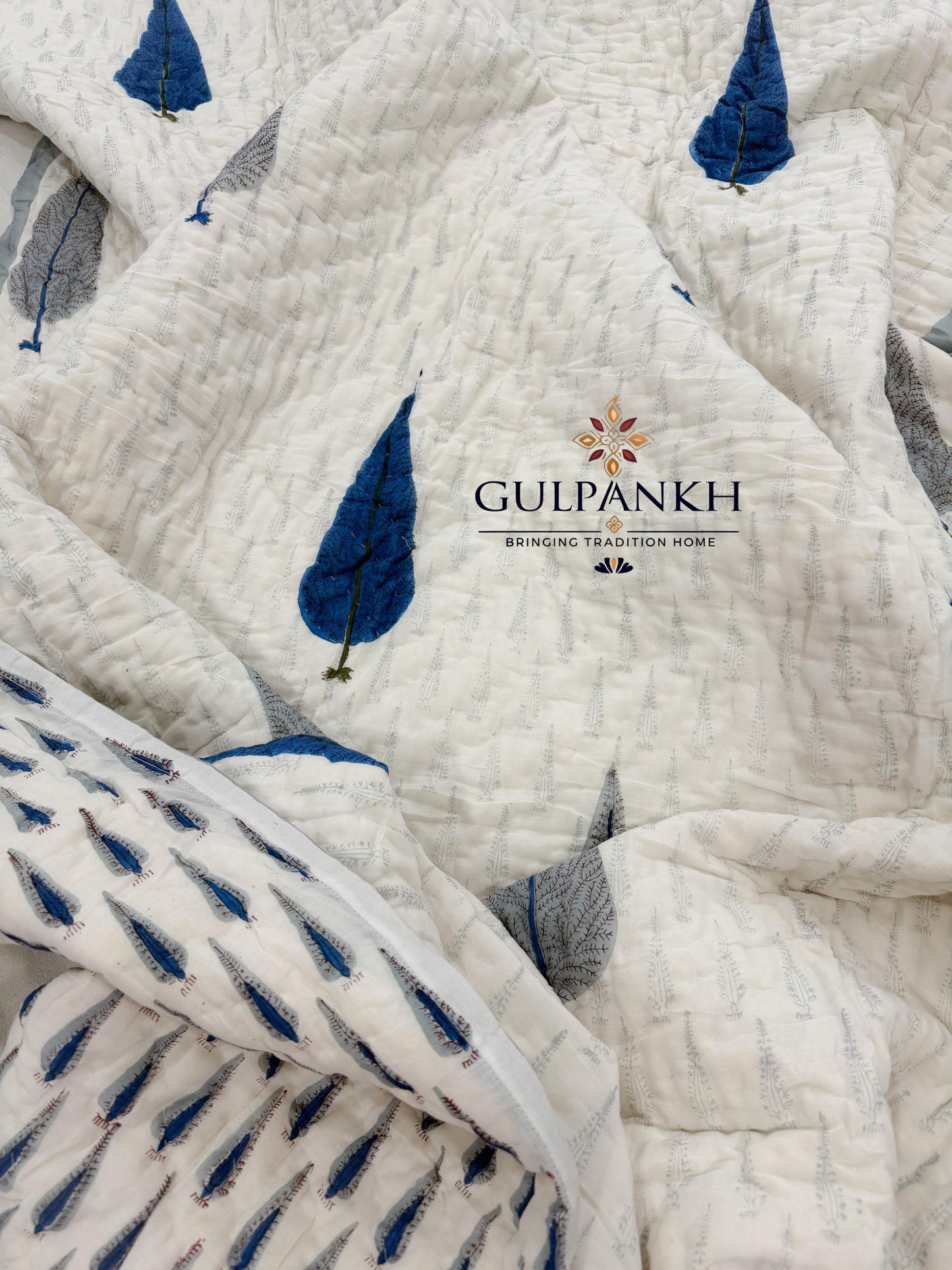Indigo Leaf Meadow Hand Block Printed Cotton Twin Quilt Set (Set of 2 Quilts) | Gulpankh Canada
