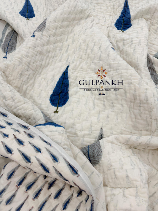 Indigo Leaf Meadow Hand Block Printed Cotton Twin Quilt Set (Set of 2 Quilts) | Gulpankh Canada
