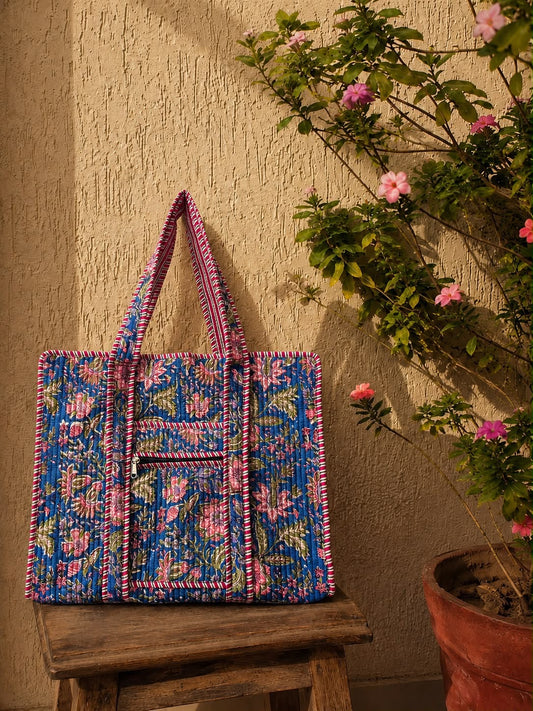 Hand Block Printed Quilted Tote Bag – Indigo Blossom | Gulpankh Canada