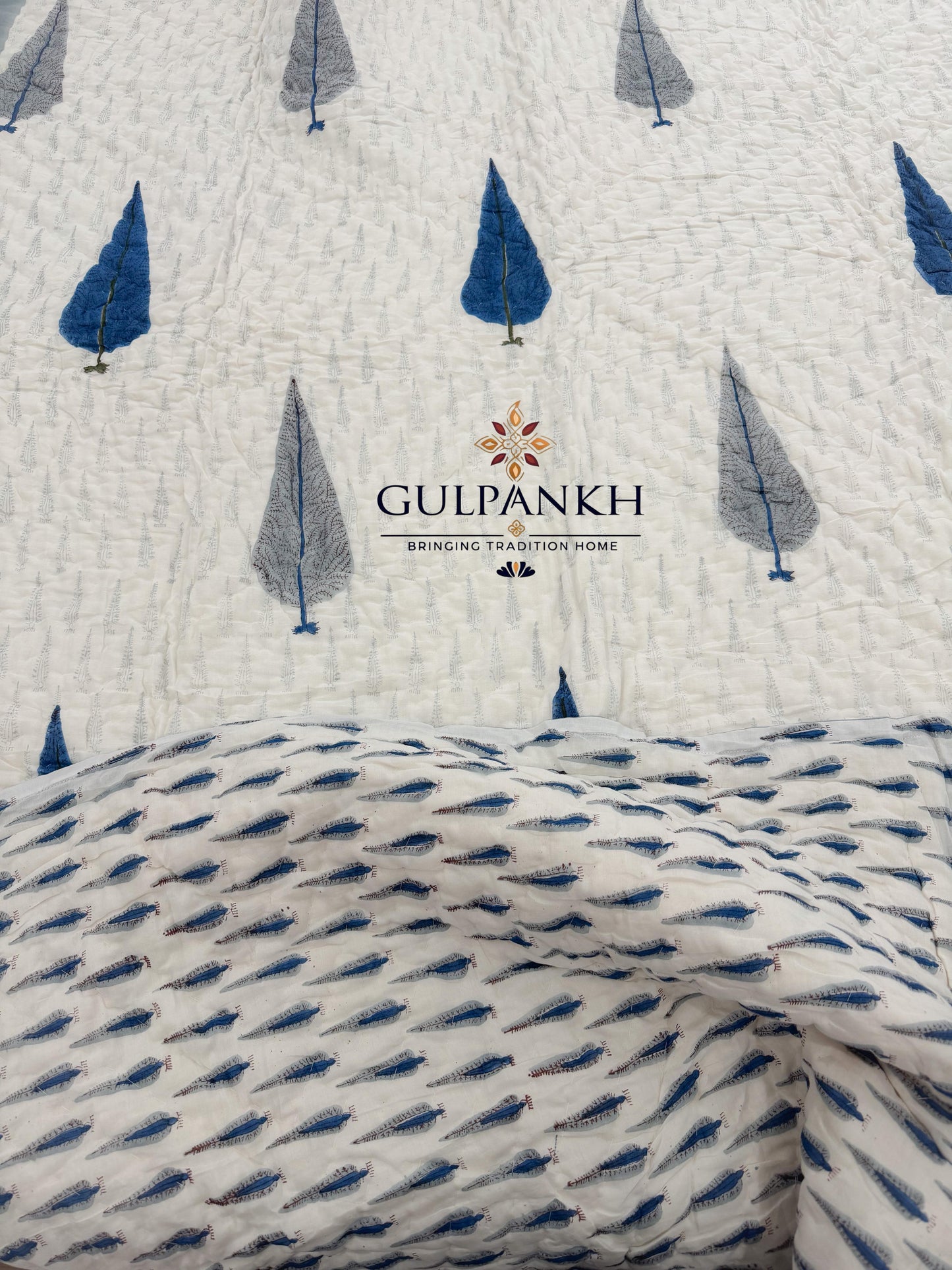 Indigo Leaf Meadow Hand Block Printed Cotton Twin Quilt Set (Set of 2 Quilts) | Gulpankh Canada