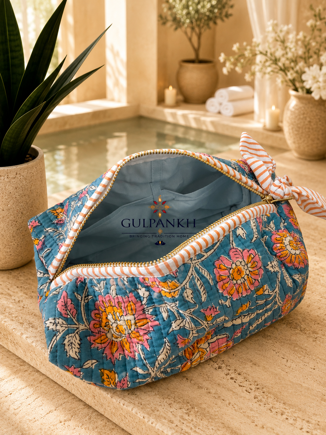 Hand Block Printed Quilted Vanity Bag – Teal Rose Garden | Gulpankh Canada