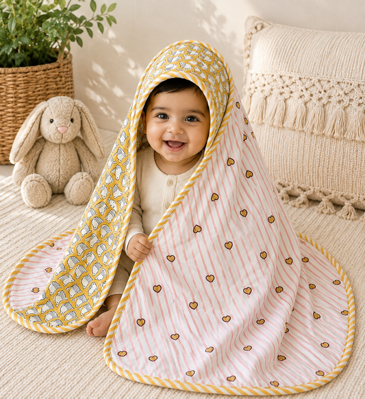Hand Block Printed Hooded Baby Swaddle Blanket – Little Hedgehog Hearts | Gulpankh Canada