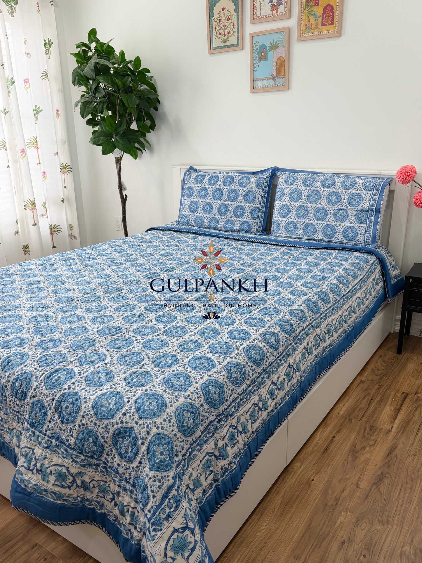 Hand Block Printed Cotton Quilt - Neel Medallion Heritage | Gulpankh Canada