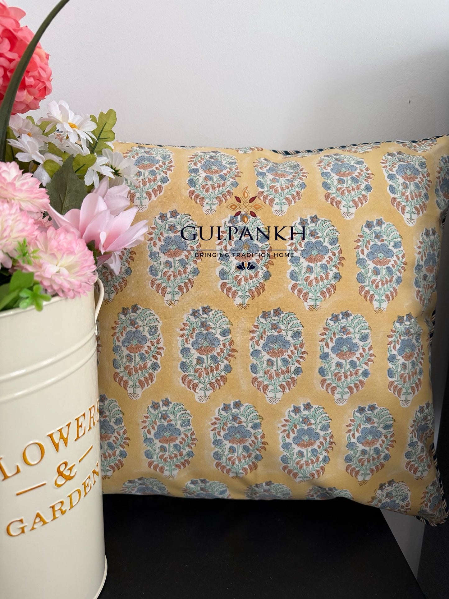 Mustard Heritage Set of Two Hand Block Printed Cushion Covers | Gulpankh Canada