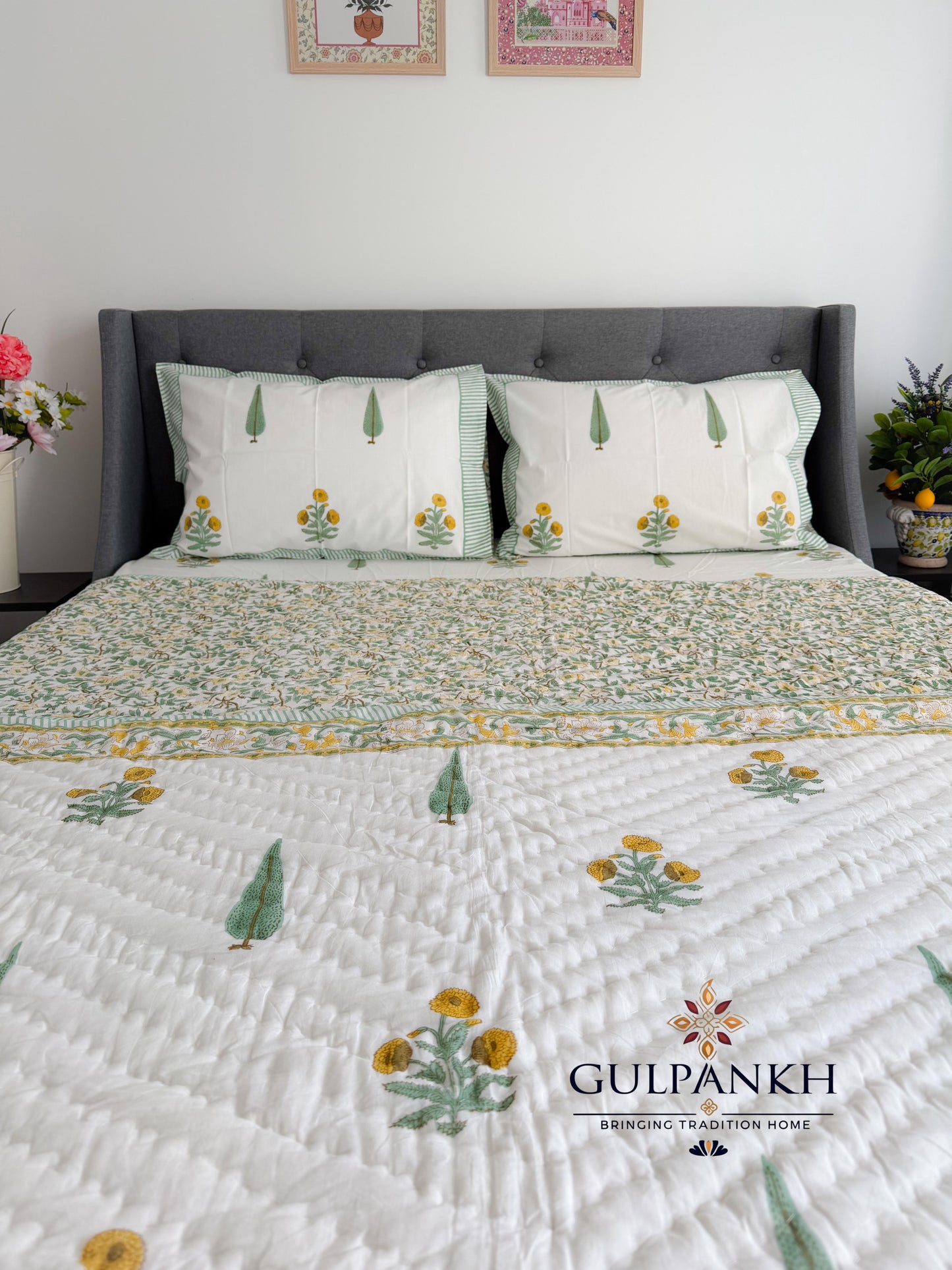 Botanical Meadow Hand Block Printed Cotton Bedding Set with Quilt | Gulpankh Canada