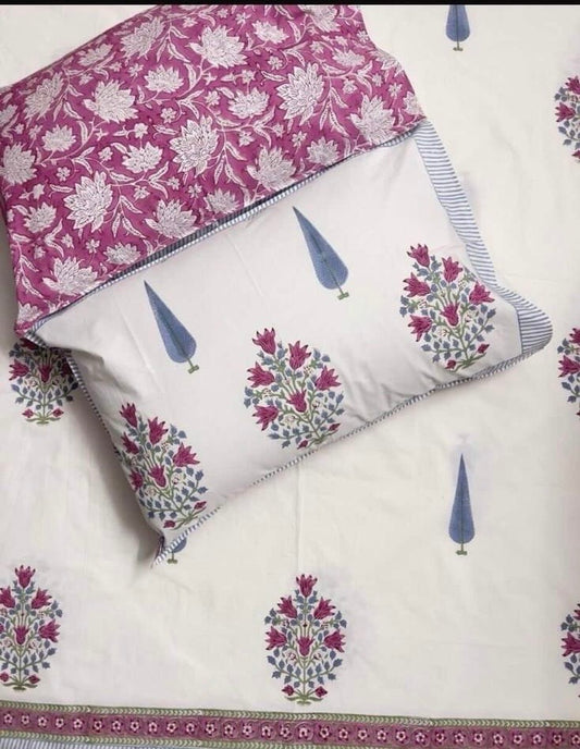 Hand Block Printed Twin Fitted Bedsheet - Mulberry Meadow | Gulpankh Canada